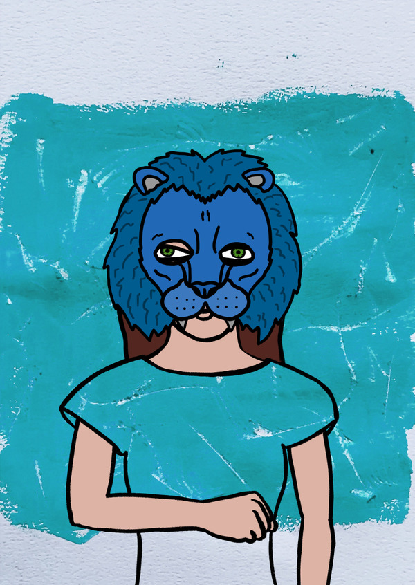 Painting of a person with a blue lion mask.