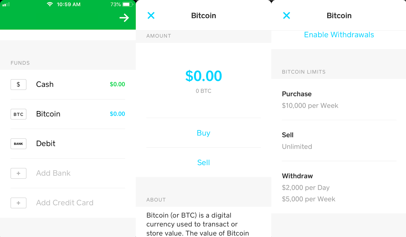 Screenshots of Venmo app showing balances in Cash and Bitcoin.