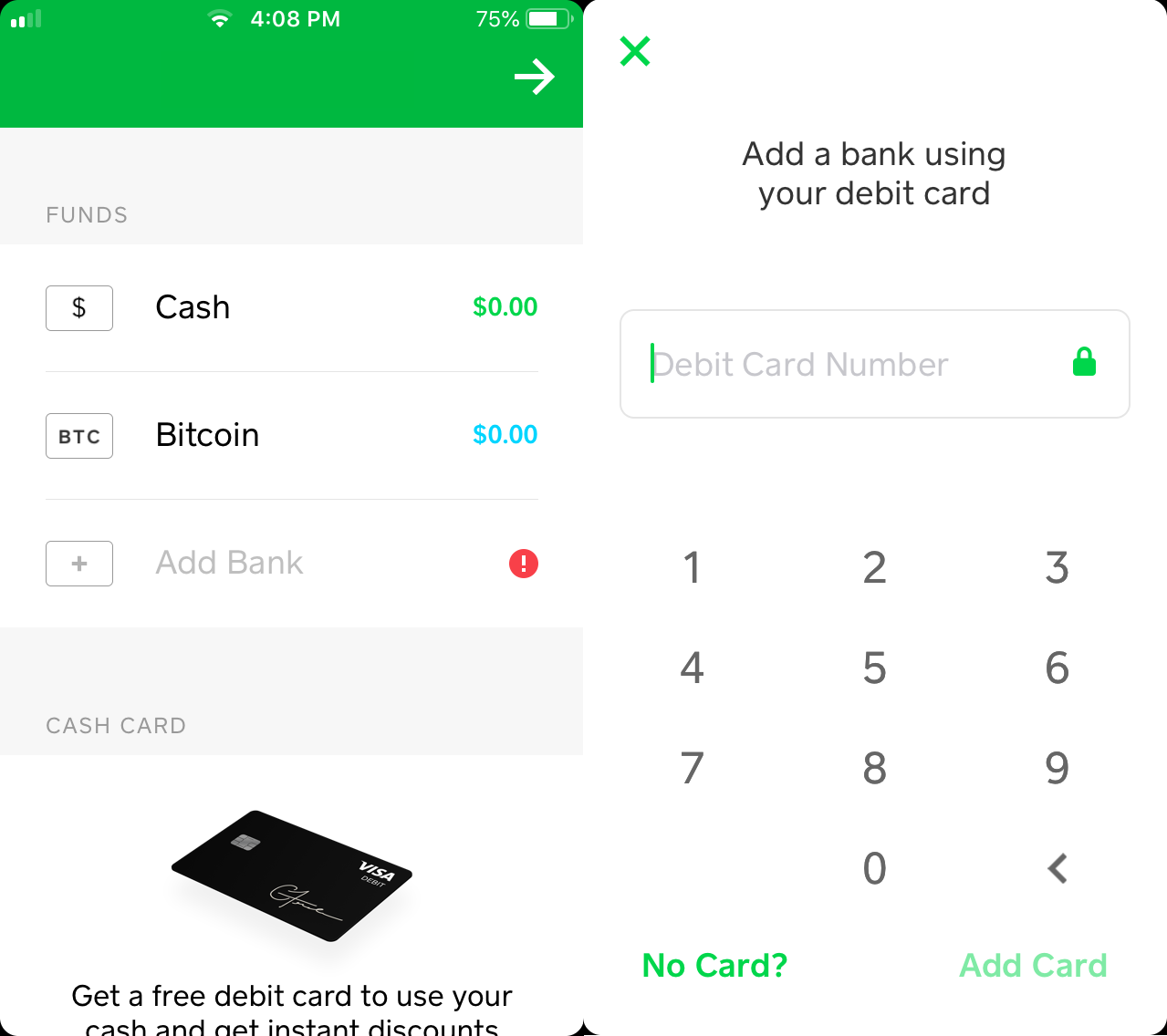 Square cash app add a bank screen.