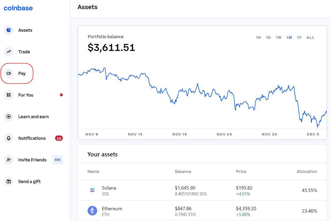 Coinbase portfolio balance page