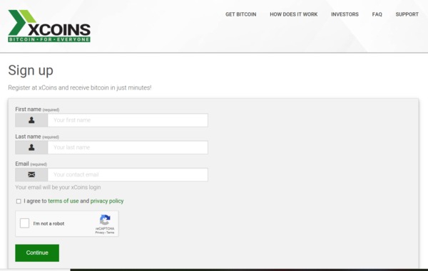 Xcoins signup form.