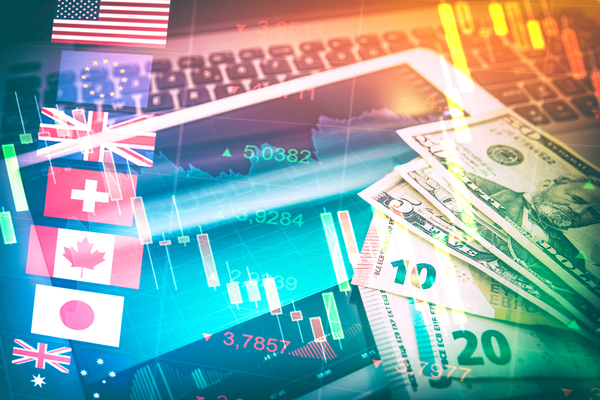 Image of keyboard, paper money, and various country flags.