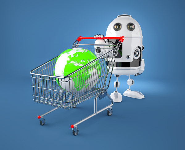 White robot pushing a shopping cart with a globe in the basket.