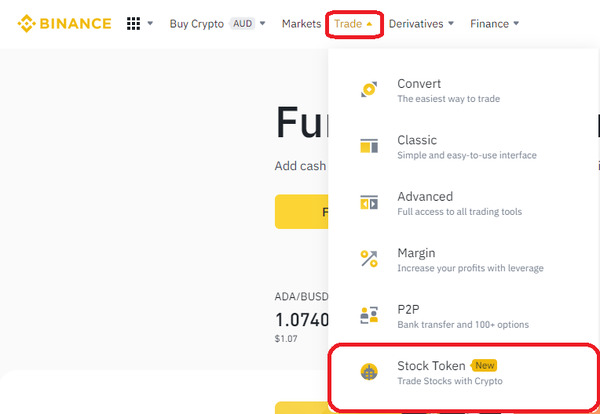 Binance trade drop down menu screenshot.