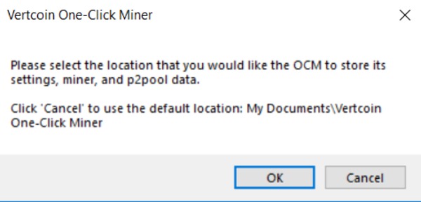 Vertcoin one-click miner select location to store data.