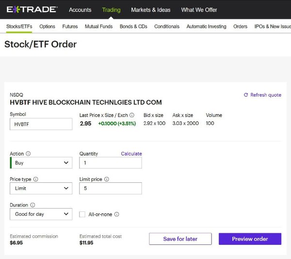 ETrade Stock/ETF order page.