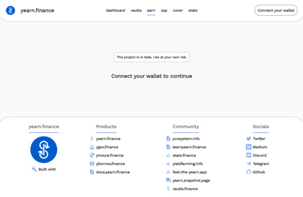 Connect your wallet screen shot from yearn.finance website.